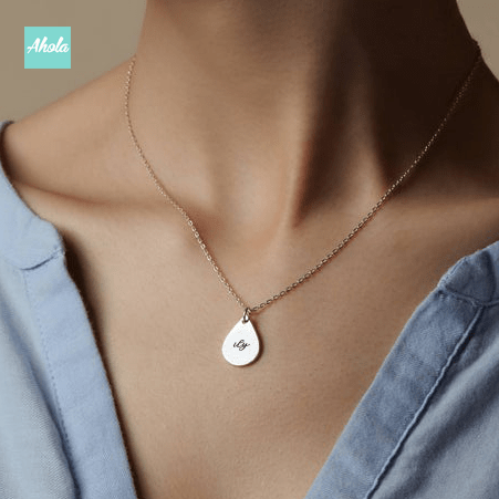 SP055 Platinum Plated Sterling Silver Dainty Water Drop Necklace 純銀刻字水滴頸鏈 - Ahola