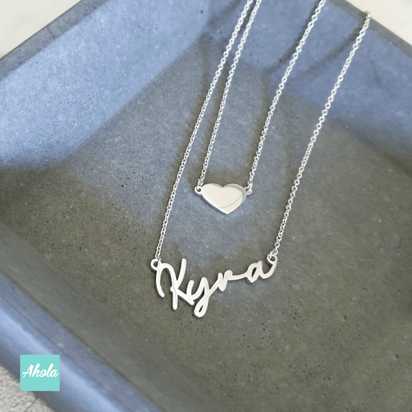 SP059 Sterling Silver Heart Layering Necklace 純銀雙層心形名字頸鏈 - Ahola