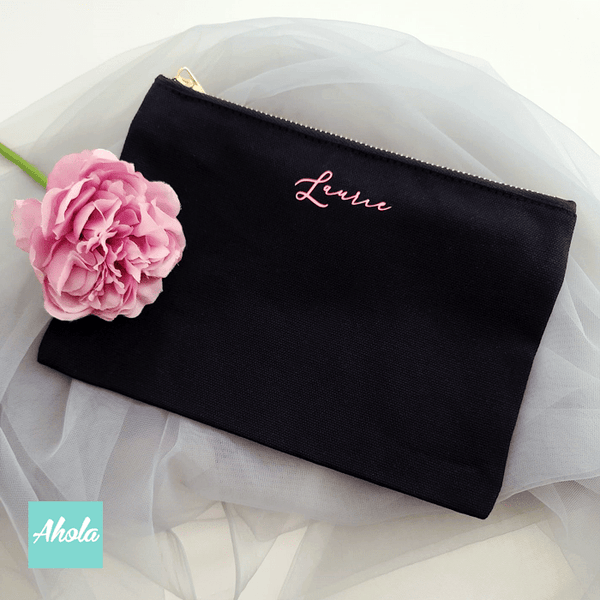 【Rosy】Canvas Cosmetic Bag 粉紅色光面燙字多用途化妝袋
