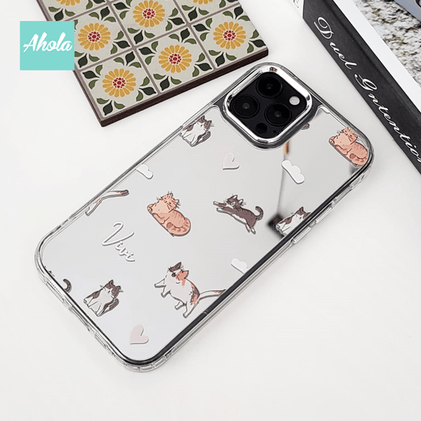 【Cat Doodle】Protective Cat Print Mirror Phone Case 全包邊名字貓貓圖案鏡面電話殼