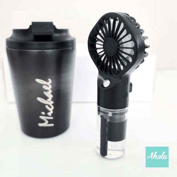 【Breeze】Engraved Stainless Steel Hot or Cold Coffee Cup + Mini Fine Mist Fan 刻字不鏽鋼保冷/保温咖啡杯+便攜水冷噴霧風扇套裝