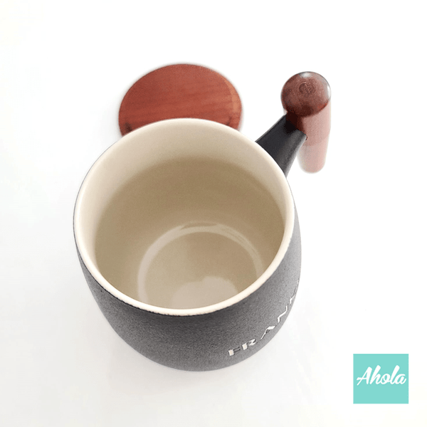 【Ceramique】Ceramic Cup With Wooden Lid 刻字木柄陶瓷杯連木蓋
