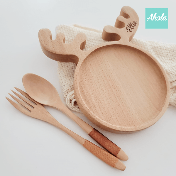 【Deer】Wood Tableware Set 櫸木刻字餐碟餐具套裝 (3-5個工作天完成)