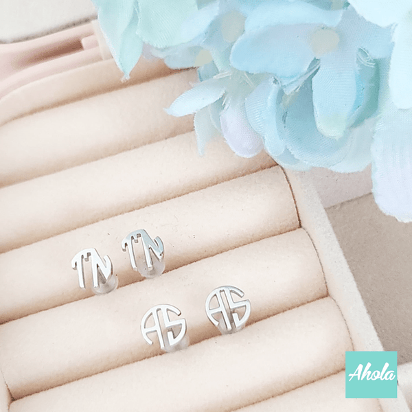 SP024 Block Monogram Initial 925 Sterling Sliver Name Earrings 字母組合耳環 (一對) - Ahola