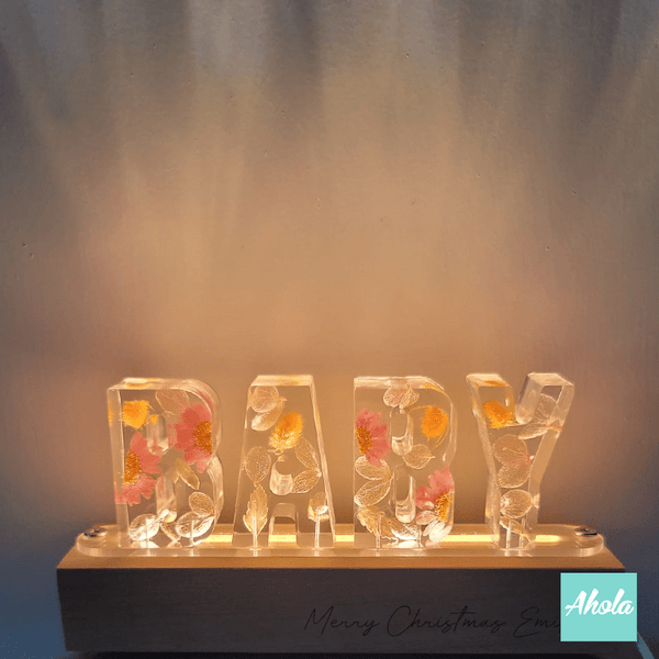 【Baby】Pink Dried Flowers Hard Wood LED Decor Night Lamp 刻字乾花亞加力小夜燈