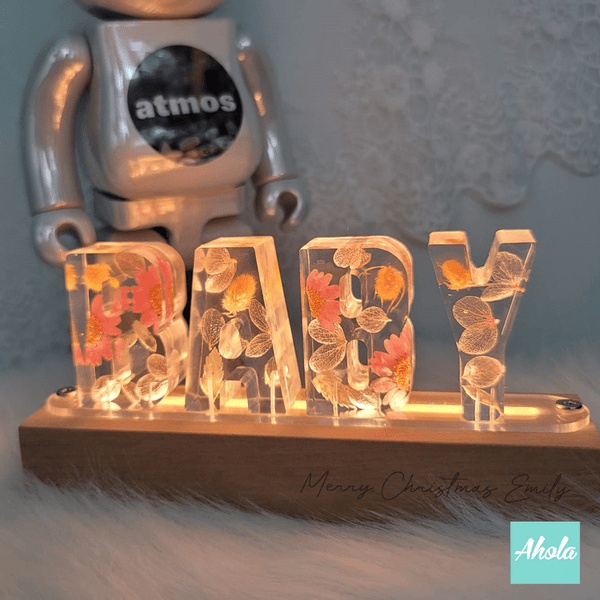 【Baby】Pink Dried Flowers Hard Wood LED Decor Night Lamp 刻字乾花亞加力小夜燈