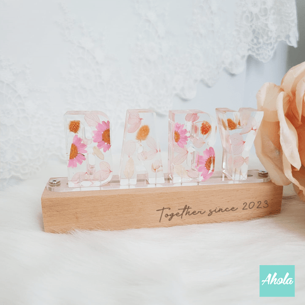 【Baby】Pink Dried Flowers Hard Wood LED Decor Night Lamp 刻字乾花亞加力小夜燈