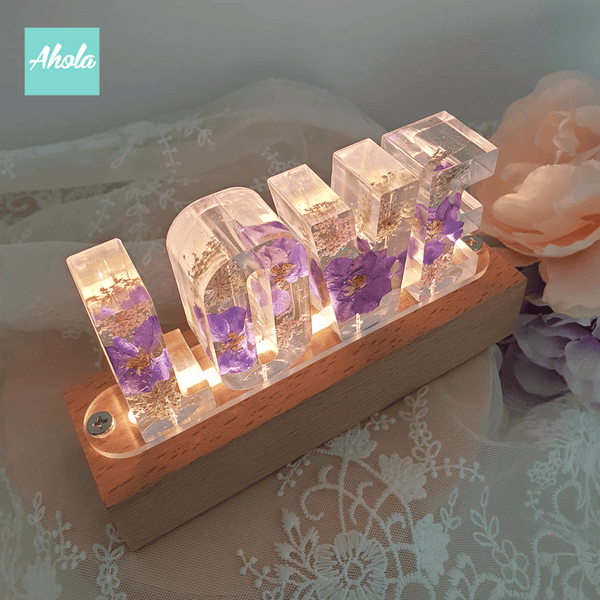 【Je t'aime】Purple Dried Flowers Hard Wood LED Decor Night Lamp 刻字乾花亞加力小夜燈