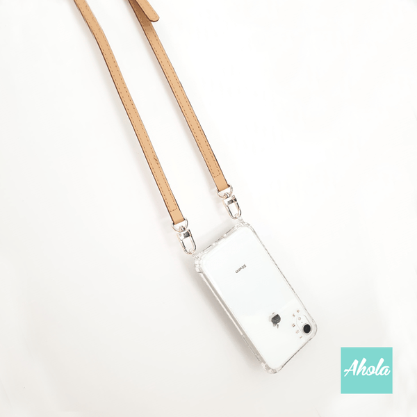 【Sofe】Crossbody Cow Leather Lanyard Gold Letter Clear Phone Case 牛皮帶掛頸金色字母硬底全包軟邊矽膠電話殼