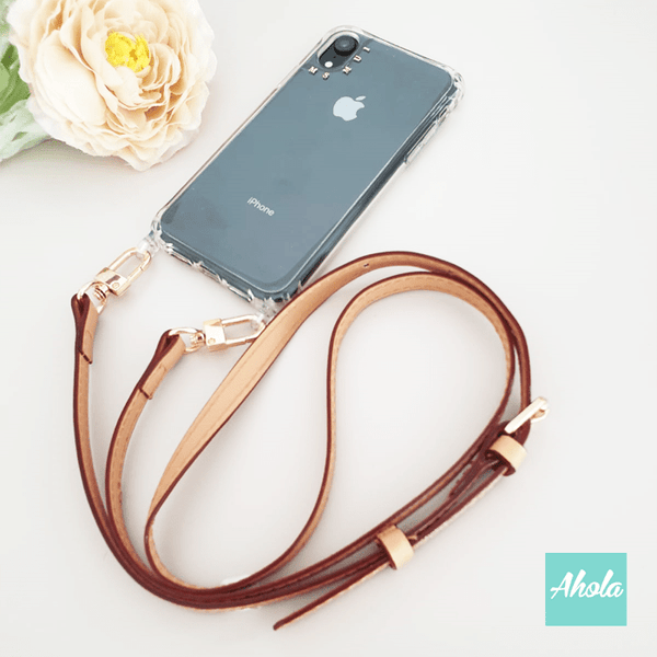 【Sofe】Crossbody Cow Leather Lanyard Gold Letter Clear Phone Case 牛皮帶掛頸金色字母硬底全包軟邊矽膠電話殼