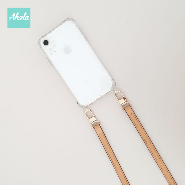 【Sofe】Crossbody Cow Leather Lanyard Gold Letter Clear Phone Case 牛皮帶掛頸金色字母硬底全包軟邊矽膠電話殼