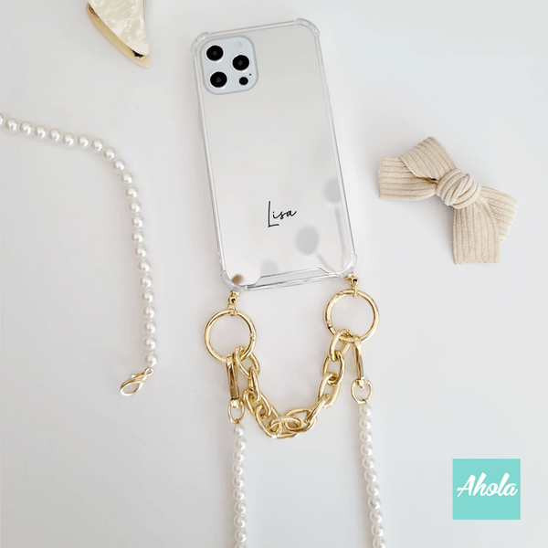 【Gorudo】Two way strap lanyard iPhone Case 自訂名字金色短鏈+珍珠斜背鏈電話殼