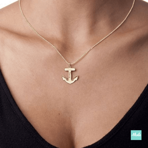 SP057 Platinum Plated Sterling Silver Sailors Anchor Necklace 純銀刻字船錨頸鏈 - Ahola