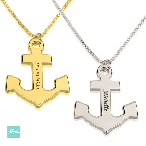 SP057 Platinum Plated Sterling Silver Sailors Anchor Necklace 純銀刻字船錨頸鏈 - Ahola