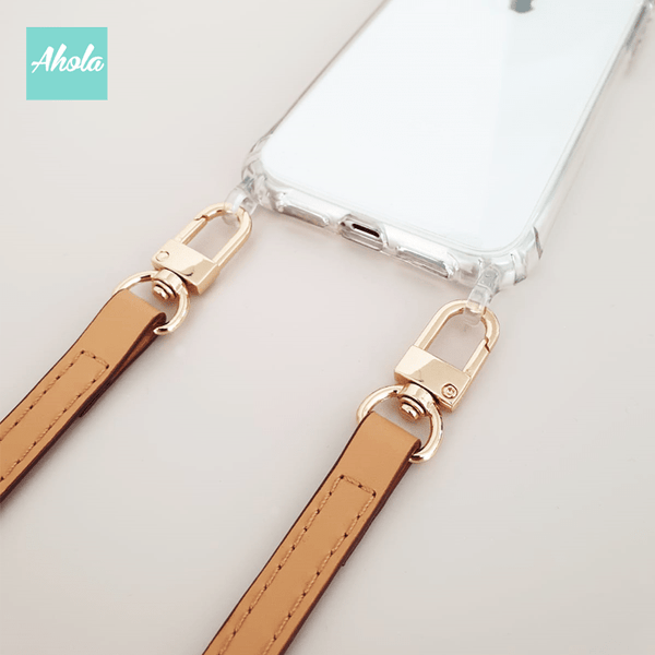 【Sofe】Crossbody Cow Leather Lanyard Gold Letter Clear Phone Case 牛皮帶掛頸金色字母硬底全包軟邊矽膠電話殼