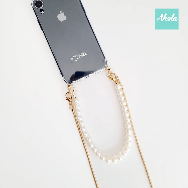 【Goldie Pearl】Two way strap lanyard iPhone Case 自訂名字珍珠金色斜背鏈電話殼