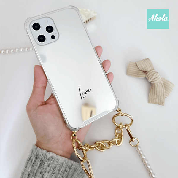 【Gorudo】Two way strap lanyard iPhone Case 自訂名字金色短鏈+珍珠斜背鏈電話殼