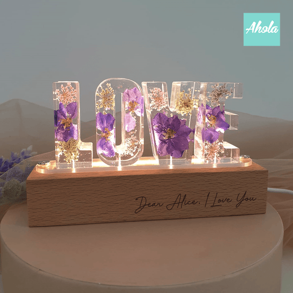 【Je t'aime】Purple Dried Flowers Hard Wood LED Decor Night Lamp 刻字乾花亞加力小夜燈