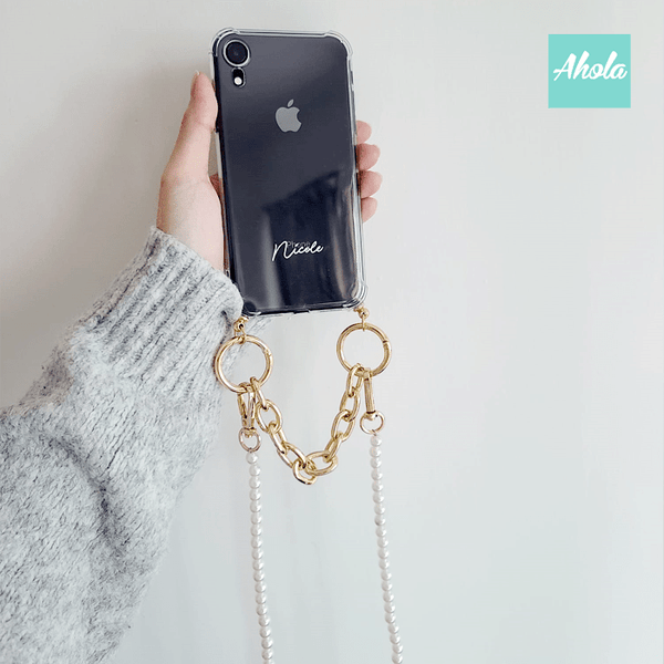 【Gorudo】Two way strap lanyard iPhone Case 自訂名字金色短鏈+珍珠斜背鏈電話殼