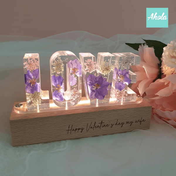 【Je t'aime】Purple Dried Flowers Hard Wood LED Decor Night Lamp 刻字乾花亞加力小夜燈