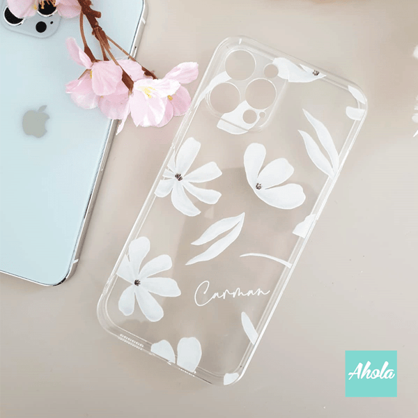 【Fally】Soft TPU transparent phone case 白色花朵名字透明電話軟殼