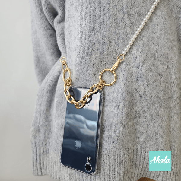 【Gorudo】Two way strap lanyard iPhone Case 自訂名字金色短鏈+珍珠斜背鏈電話殼