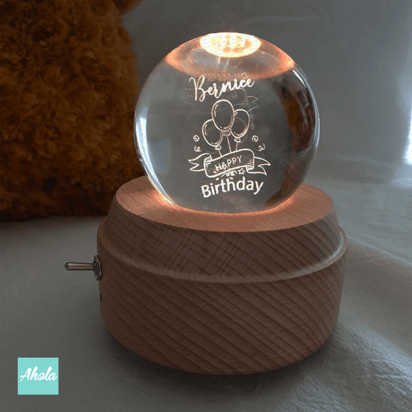 【Birthday Wish】Laser Engraved Crystal Ball and Wood Music Box 刻字生日水晶球音樂盒 - Ahola