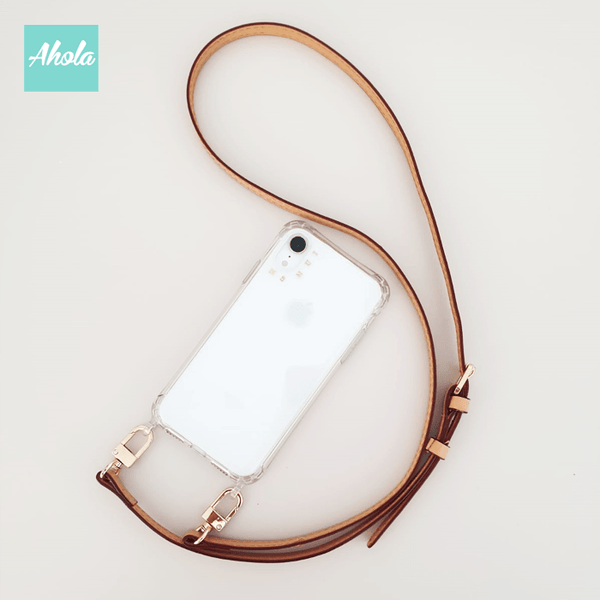 【Sofe】Crossbody Cow Leather Lanyard Gold Letter Clear Phone Case 牛皮帶掛頸金色字母硬底全包軟邊矽膠電話殼