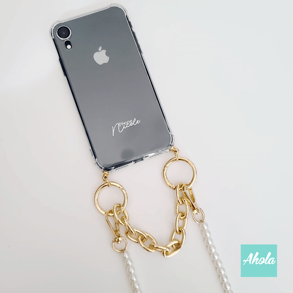 【Gorudo】Two way strap lanyard iPhone Case 自訂名字金色短鏈+珍珠斜背鏈電話殼