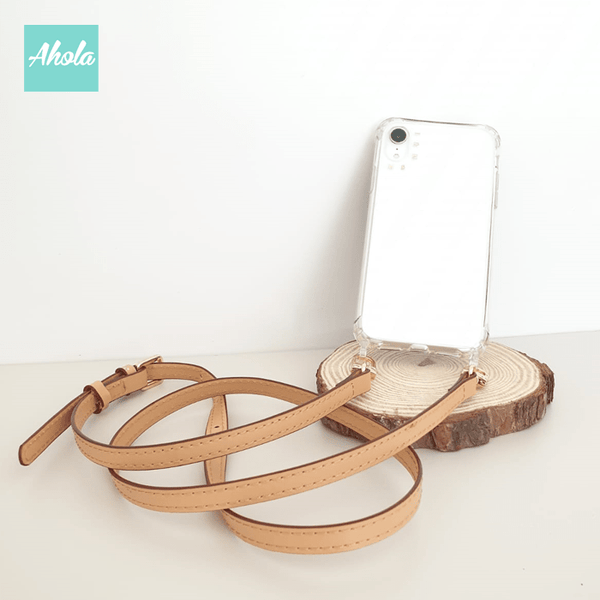 【Sofe】Crossbody Cow Leather Lanyard Gold Letter Clear Phone Case 牛皮帶掛頸金色字母硬底全包軟邊矽膠電話殼