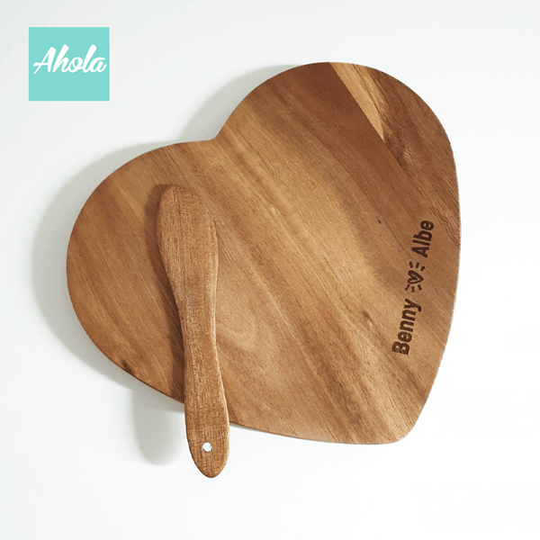 【Hato】Heart Shaped Acacia Wood Serving Board With Wooden Knife 相思木刻字多用途心形托板連小木刀