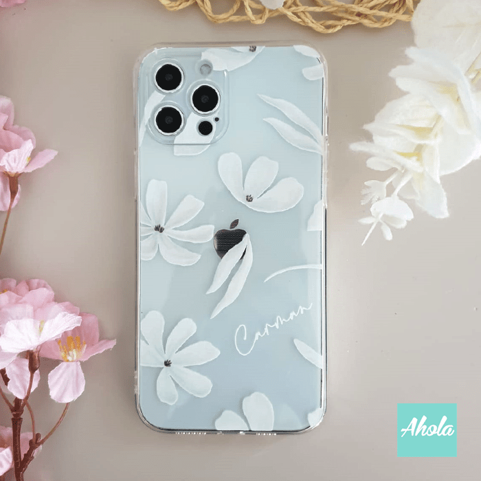 【Fally】Soft TPU transparent phone case 白色花朵名字透明電話軟殼