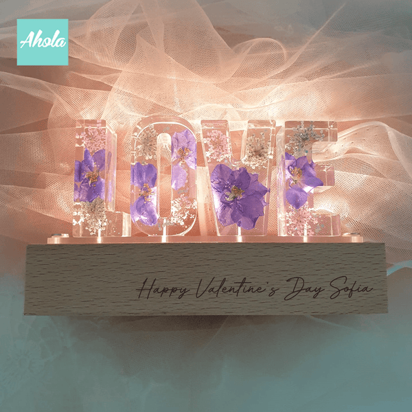 【Je t'aime】Purple Dried Flowers Hard Wood LED Decor Night Lamp 刻字乾花亞加力小夜燈