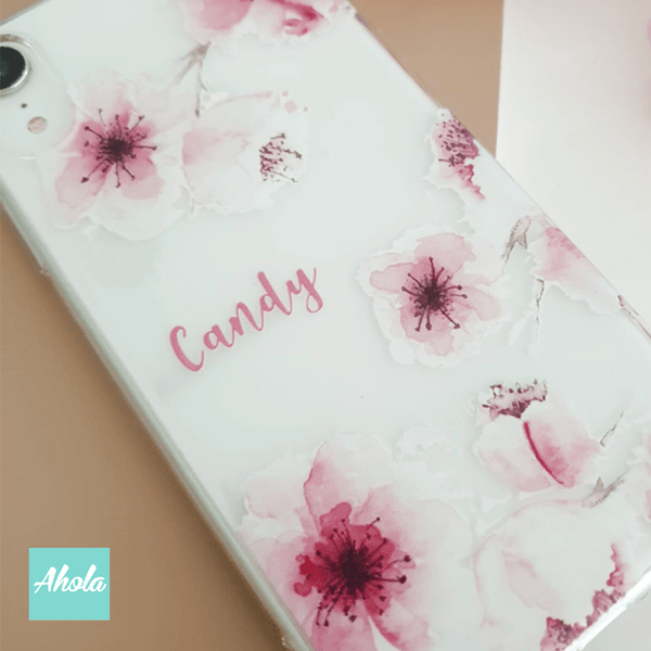 【Naomi】Soft TPU transparent phone case 粉色花朵名字透明電話軟殼