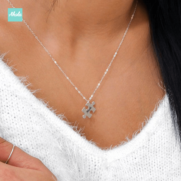 SP056 Platinum Plated Sterling Silver Puzzle Piece Necklace Set 純銀刻字砌圖頸鏈 - Ahola