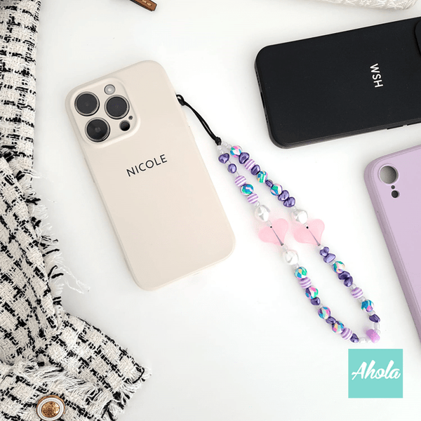 【Cora】Custom Silicone Phone Case With Heart Beaded Phone Charm 全包邊矽膠電話殼連掛繩