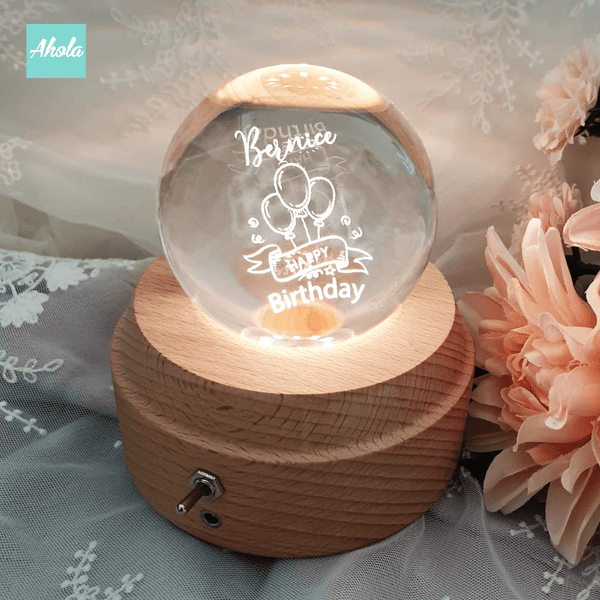 【Birthday Wish】Laser Engraved Crystal Ball and Wood Music Box 刻字生日水晶球音樂盒 - Ahola