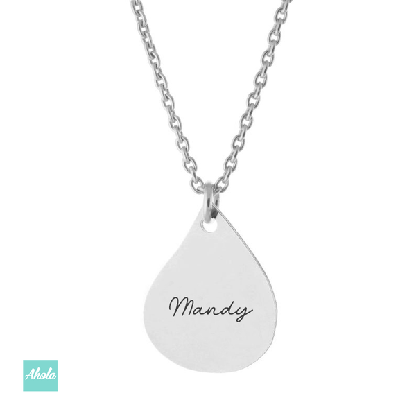 SP055 Platinum Plated Sterling Silver Dainty Water Drop Necklace 純銀刻字水滴頸鏈 - Ahola