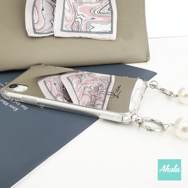 【Faux Pearl】Mirror Lanyard iPhone Case 人造珍珠掛繩自訂名字鏡面電話殼