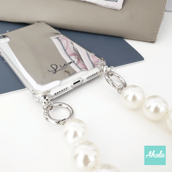 【Faux Pearl】Mirror Lanyard iPhone Case 人造珍珠掛繩自訂名字鏡面電話殼