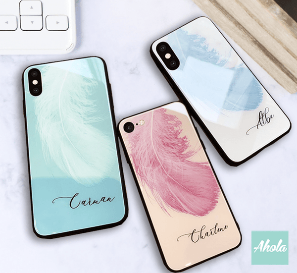 【Feather】Black bumper tempered glass phone Case 羽毛全包邊玻璃名字電話殼 - Ahola