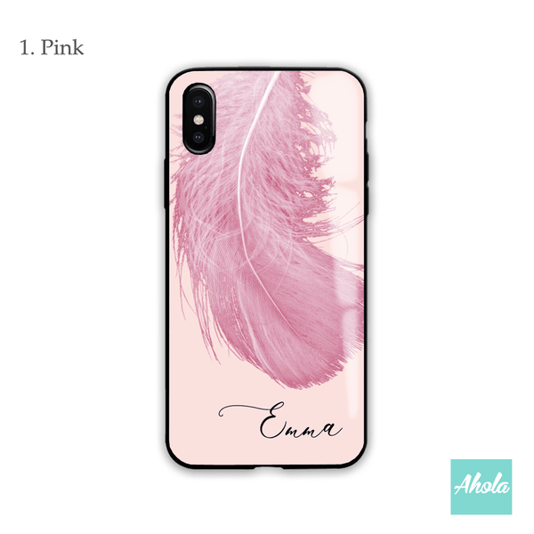 【Feather】Black bumper tempered glass phone Case 羽毛全包邊玻璃名字電話殼 - Ahola