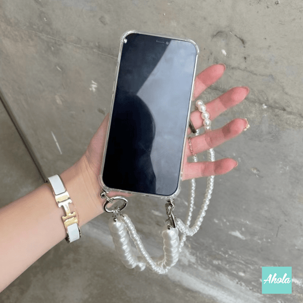 【Double Pearl】Two way strap lanyard TPU Transparent iPhone Case 自訂名字雙珍珠繩透明電話軟殼