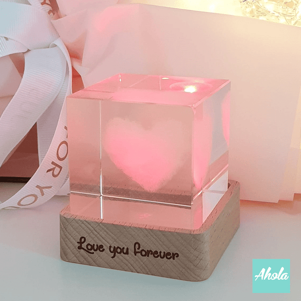 【Kaga】Crystal Cube with Laser Engraved Wooden Light box 心形水晶刻字彩色小燈盒