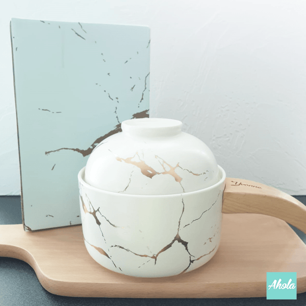 【Golden】Marble Ceramic Pot with Wood Handle 白金色雲石紋陶瓷碗 (3-5個工作天完成)