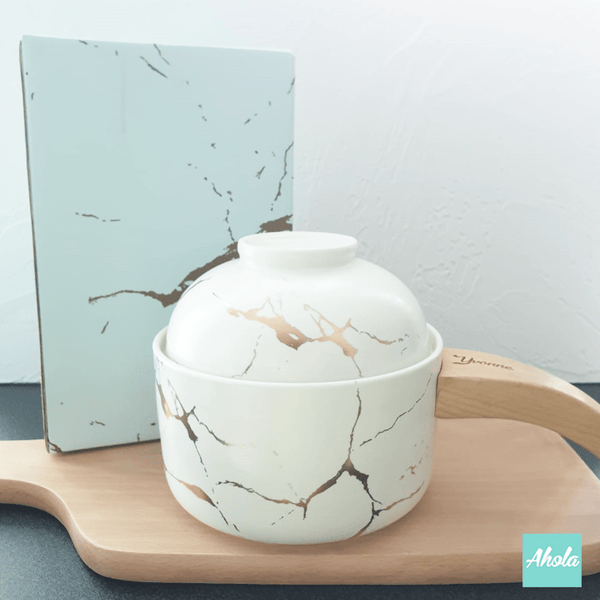 【Golden】Marble Ceramic Pot with Wood Handle 白金色雲石紋陶瓷碗