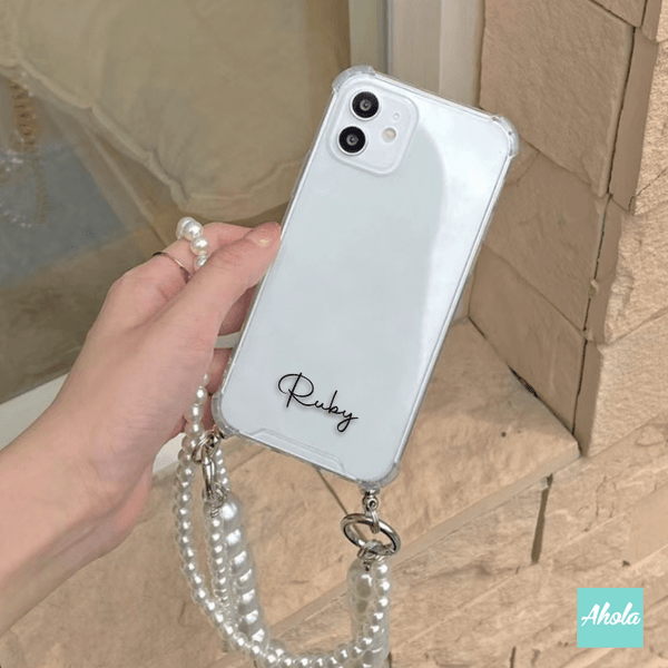 【Double Pearl】Two way strap lanyard TPU Transparent iPhone Case 自訂名字雙珍珠繩透明電話軟殼