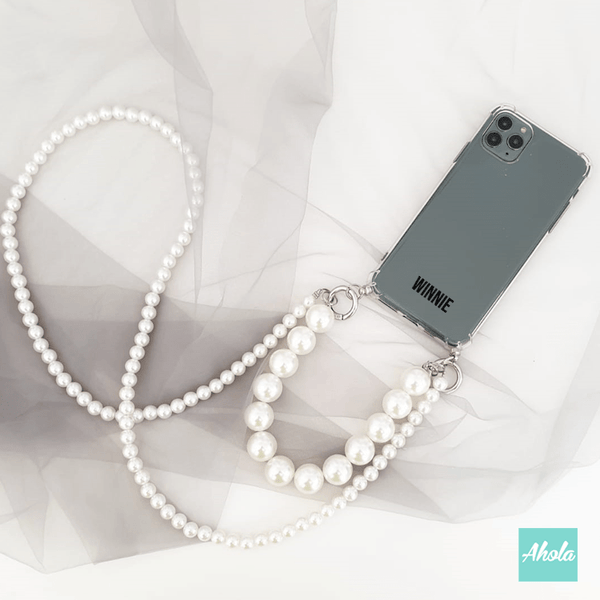 【Double Pearl】Two way strap lanyard TPU Transparent iPhone Case 自訂名字雙珍珠繩透明電話軟殼