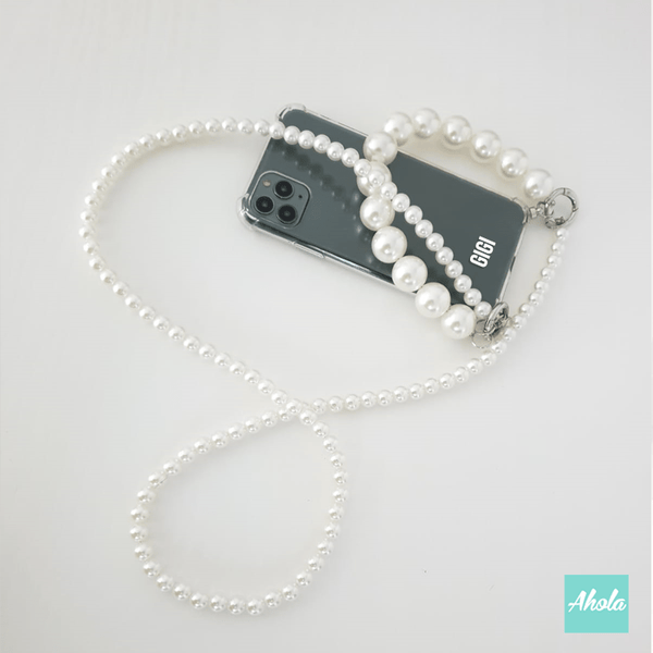 【Double Pearl】Two way strap lanyard TPU Transparent iPhone Case 自訂名字雙珍珠繩透明電話軟殼