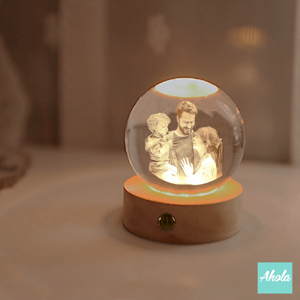 【Photograph】Crystal Ball with Laser Engraved Wooden Light 照片水晶球刻字小燈盒